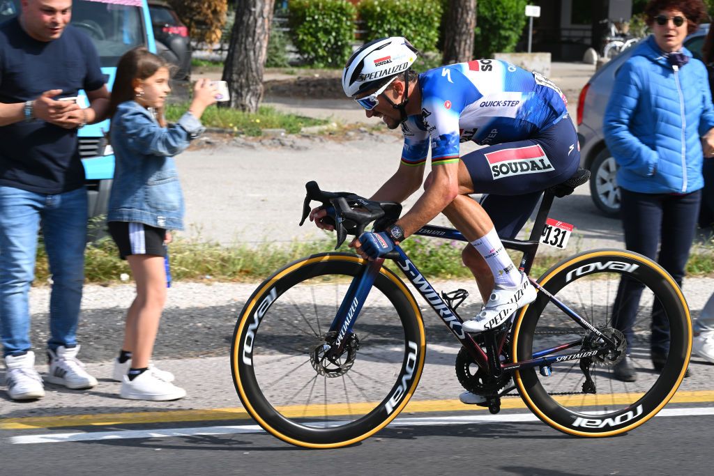 FANO ITALY MAY 16 Julian Alaphilippe of France and Team Soudal QuickStep attacks in the breakaway during the 107th Giro dItalia 2024 Stage 12 a 193km stage from Martinsicuro to Fano UCIWT on May 16 2024 in Fano Italy Photo by Tim de WaeleGetty Images