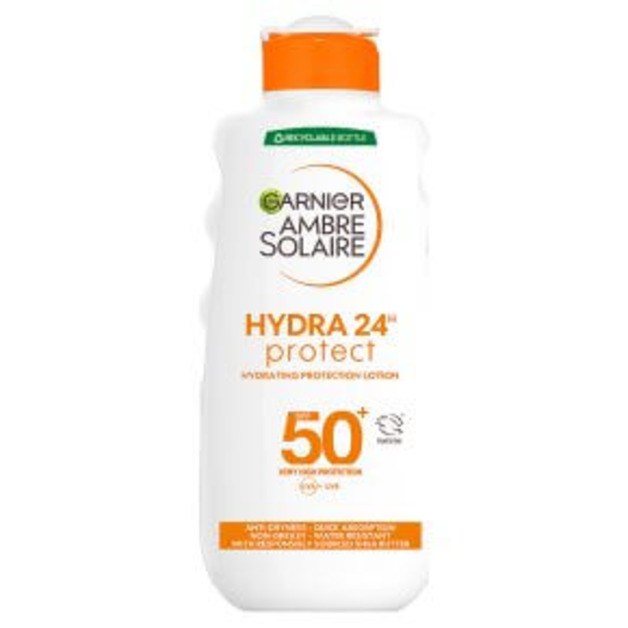 Garnier Ambre Solaire Sun Protection Lotion SPF50 200ml. A white bottle with orange and black writing 