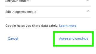 a green box indicates tap Agree and continue below "Google helps you share data safely"