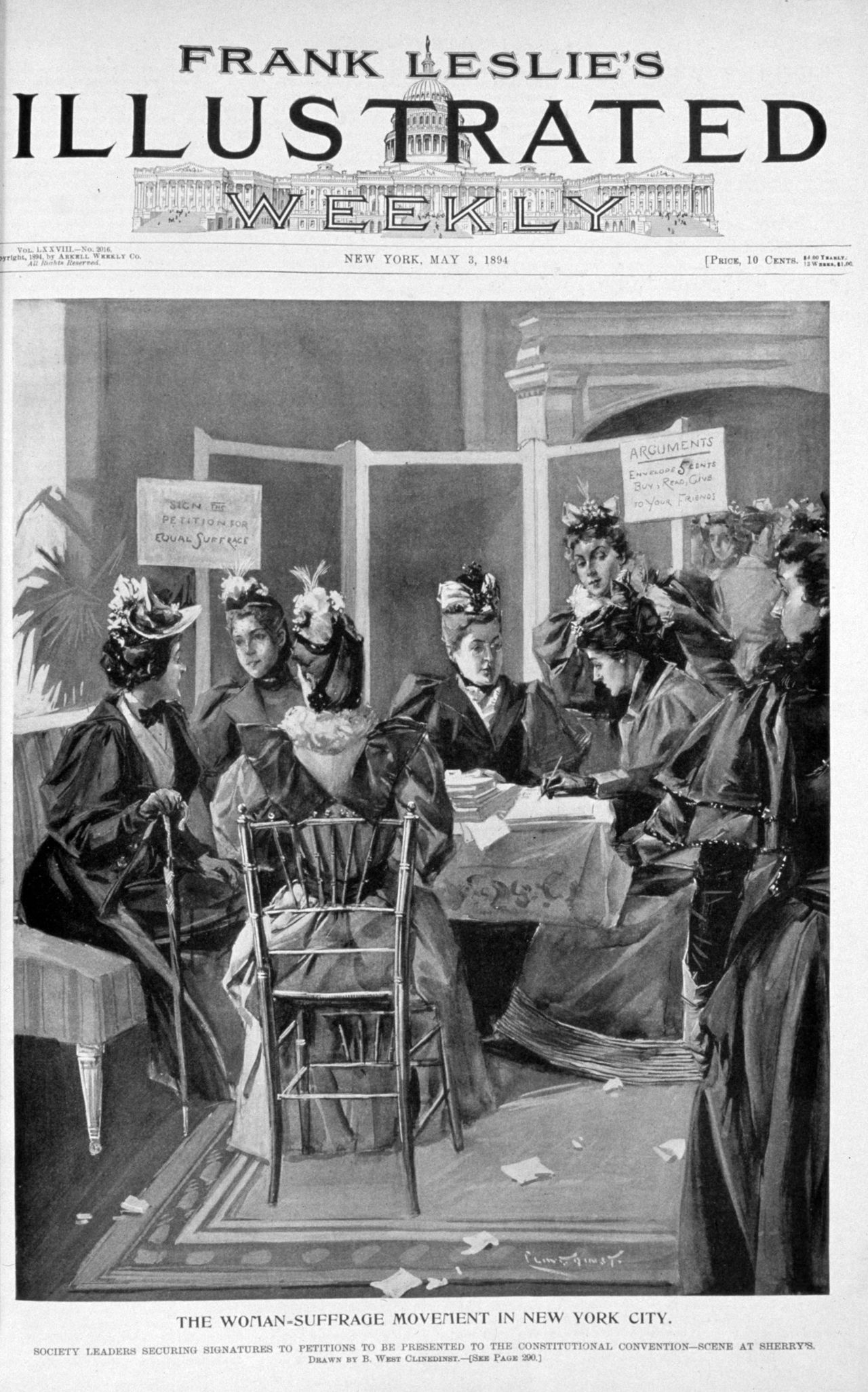 An illustration of suffragettes meeting.