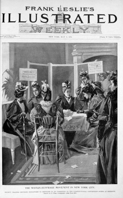 An illustration of suffragettes meeting.