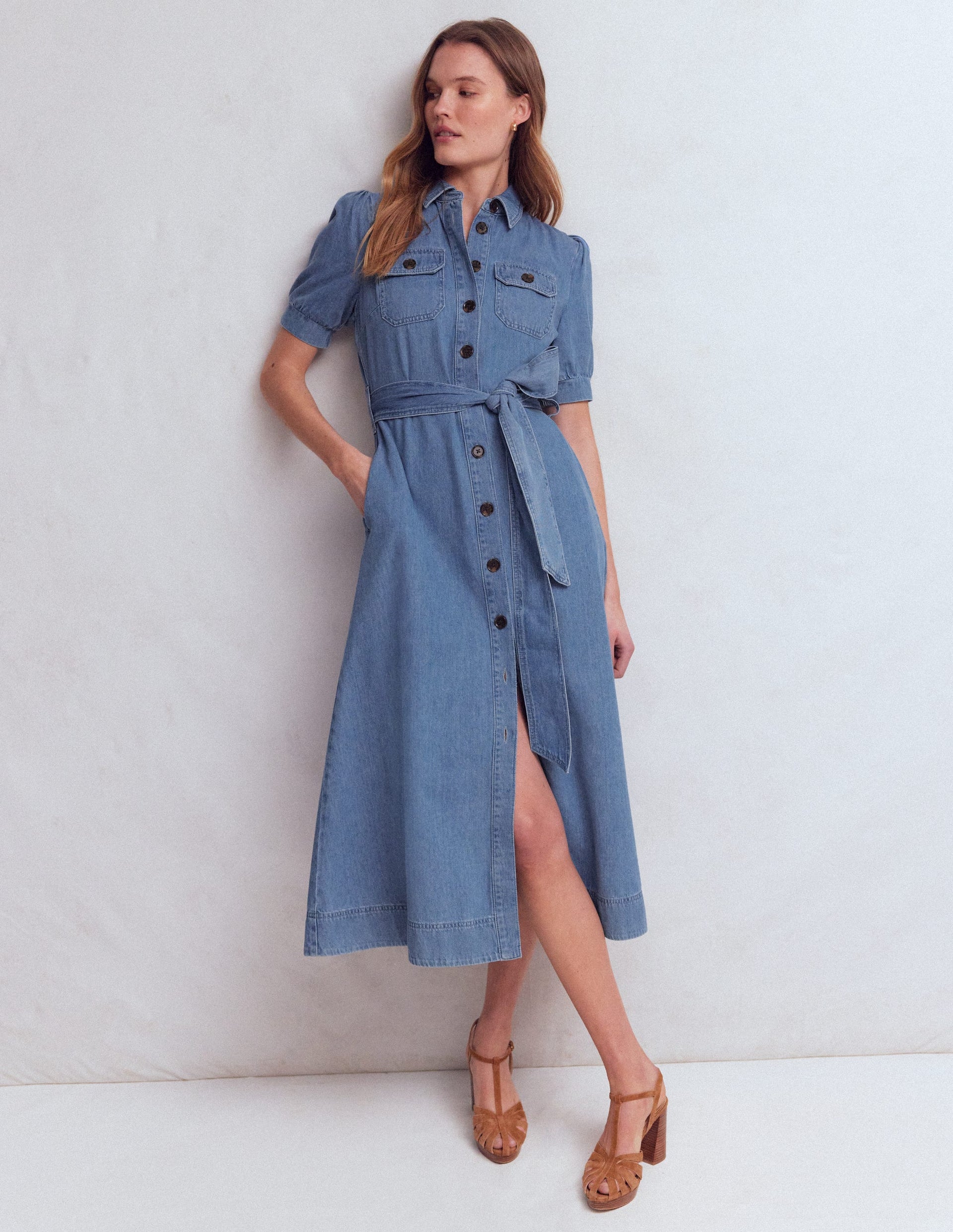 Puff Sleeve Denim Shirt Dress-Mid Vintage