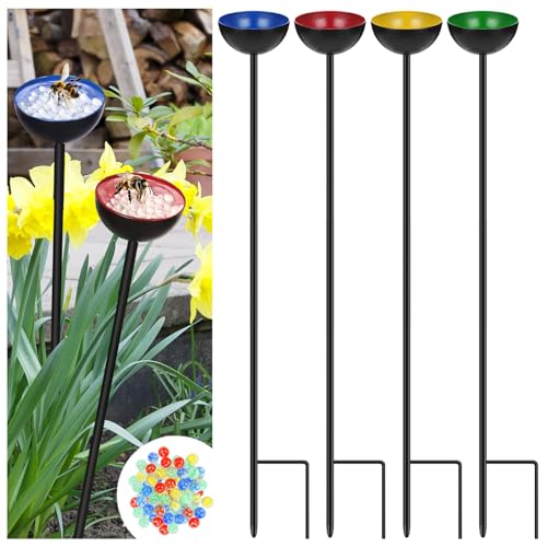 Lineshading 4-Pcs Butterfly Bee Watering Station With Catcher Cups - Small Insects Bee Feeders for Outside Feeding & Watering - Metal Garden Stakes & Sculpture Decor
