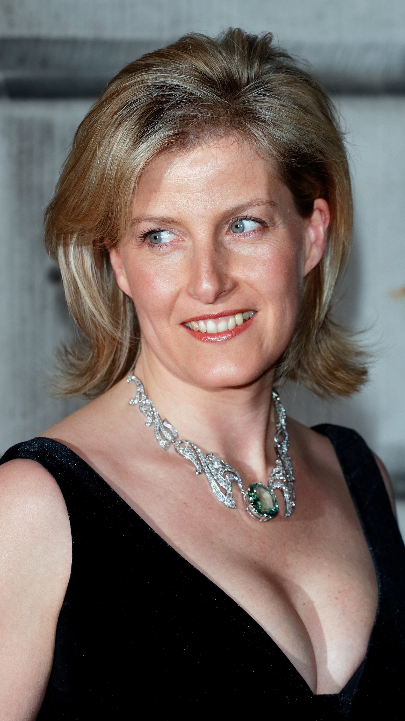 Sophie, Duchess of Edinburgh (wearing her diamond and aquamarine necklace, which can also be worn as a tiara) attends the ChildLine & Mission Enfance Royal Gala Dinner
