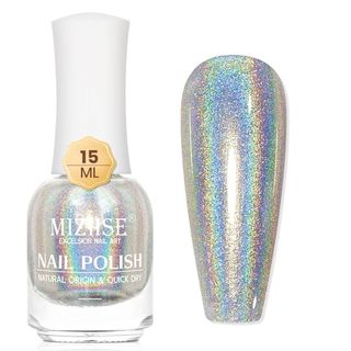 Mizhse Holographic Nail Polish, Silver Glitter Nail Polish Air Dry Fast, 15 Ml 0.5 Fl Oz High Glossy Shiny Nail Pigment Oil-Based Laser Iridescent Nail Polish Chrome Halo Nail Art Salon Manicure Home