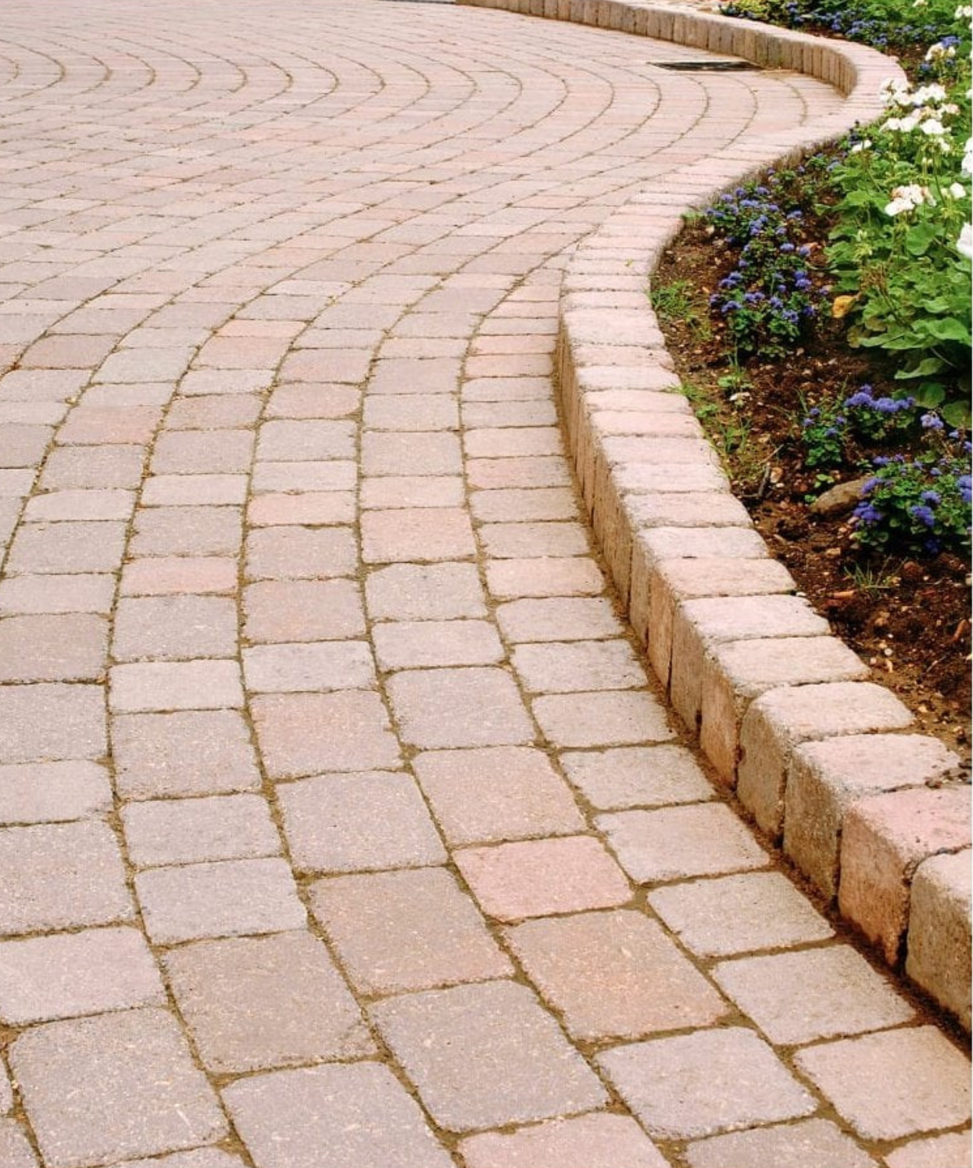 Curved block-paved driveway with a raised kerb edging beside a flower bed with purple and white blooms.
