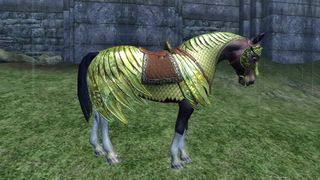 A horse wearing armour from Oblivion's Horse Armour DLC.