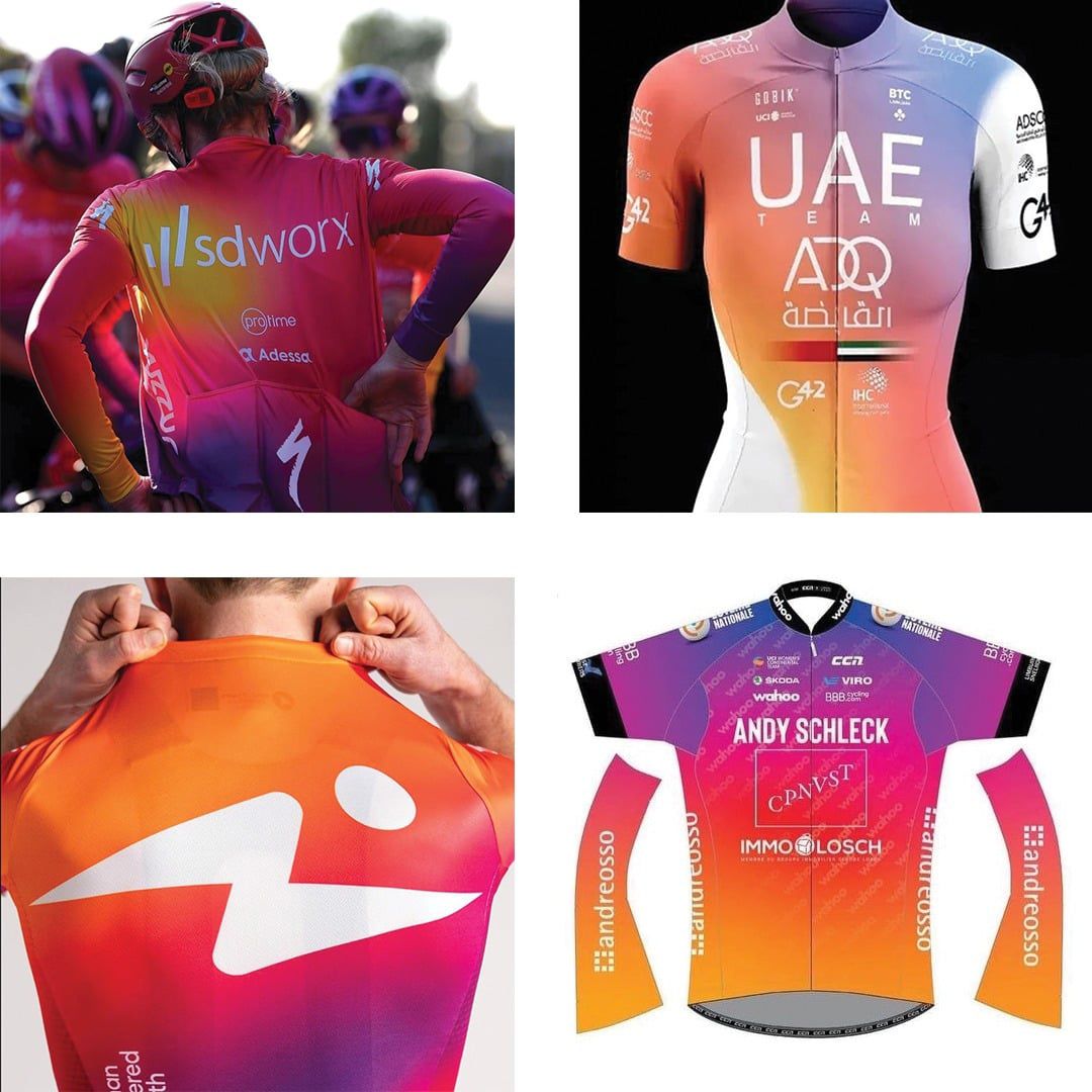 Andy Schleck - CP NVST - Immo Losch forced to redesign jersey for 2022, original version shown in lower right