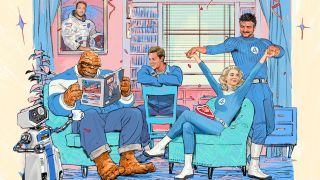 Captura de pantalla del póster de Los 4 Fantásticos en el que aparecen el icónico cuarteto de superhéroes de Marvel y los actores que los interpretan.