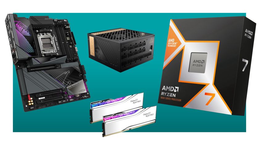 A collage of PC components, including a CPU retail box, motherboard, RAM kit, and power supply unit against a teal background with a white border