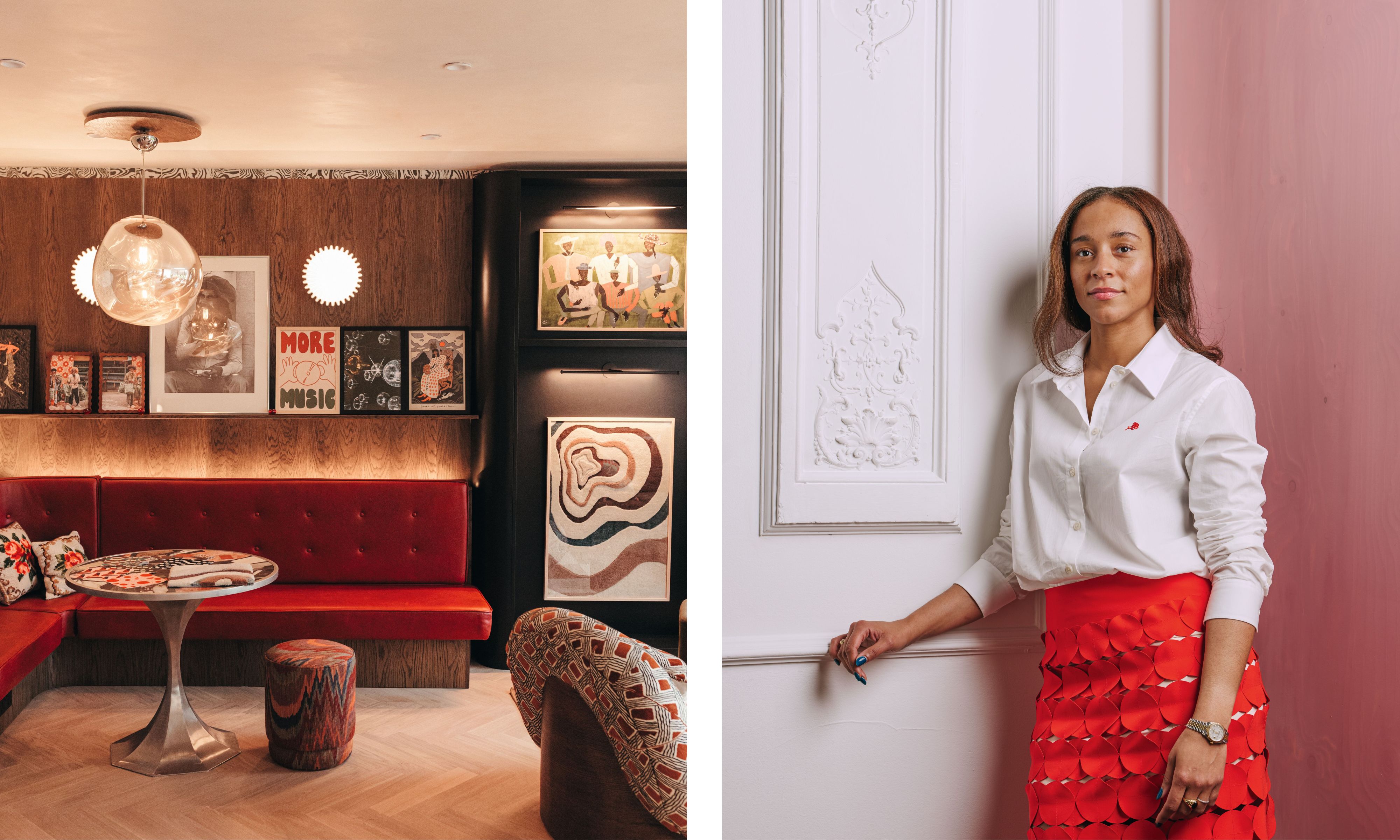 Two-panel image features the designer Ayisha Onuorah on the right and her work on the left. Onuorah wears a white shirt with red floral pattern over a matching red layered skirt. To the left is an interior space with mid-century style furnishings, wood paneling, a red couch, and curated art.
