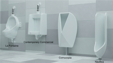 Three-dimensional renderings of urinals. From left to right: Duchamp&rsquo;s &ldquo;La Fontaine,&rdquo; a contemporary commercial model, Cornucopia, and Nautilus.