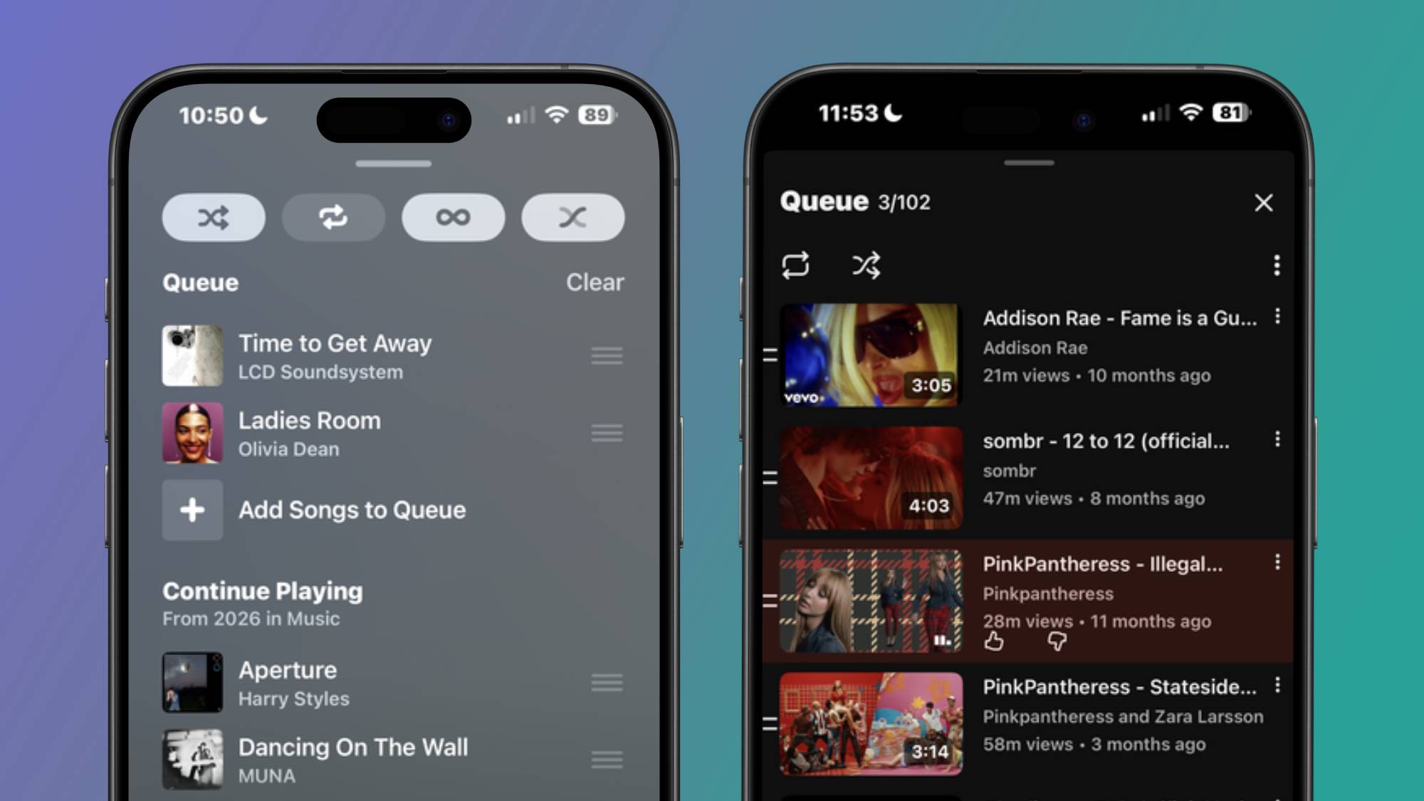 Two smartphones showing the Apple Music and YouTube queuing systems