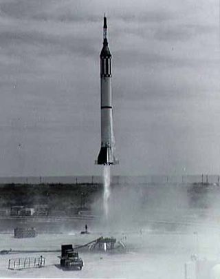 NASA's Mercury Redstone Booster Development rocket test flight launches from Cape Canaveral, Florida on March 24, 1961.