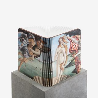 A book lamp showing the painting "Birth of Venus" on top of a gray stone