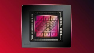 Stylized image of an AMD Navi 31 GPU against a red background