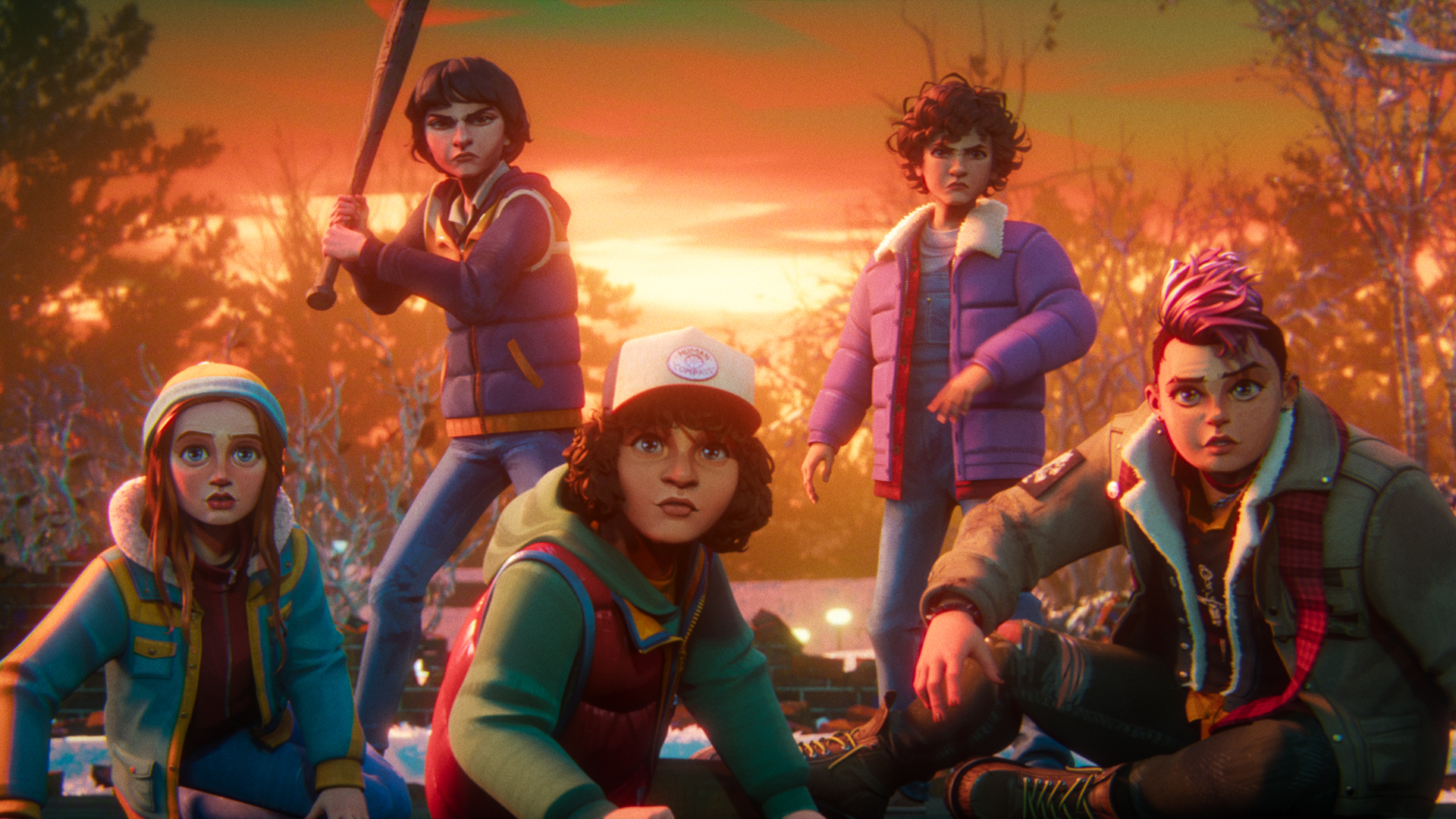 Max, Dustin, and Nikki crouched down as Mike holds a bat and Eleven stands near him in Stranger Things: Tales From 85