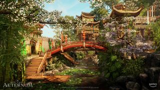 Amazon New World Aeternum; a Japanese influenced castle and gardens