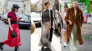 street style images of three women wearing sequin maxi skirts