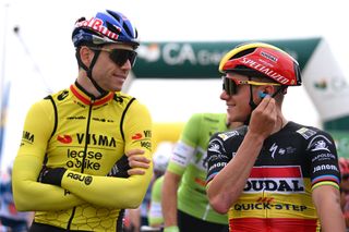 PORTIMAO PORTUGAL FEBRUARY 14 LR Wout Van Aert of Belgium and Team Visma Lease a Bike and Remco Evenepoel of Belgium and Team Soudal Quick Step prior to the 50th Volta ao Algarve em Bicicleta 2024 Stage 1 a 2008km stage from Portimao to Lagos on February 14 2024 in Portimao Portugal Photo by Dario BelingheriGetty Images