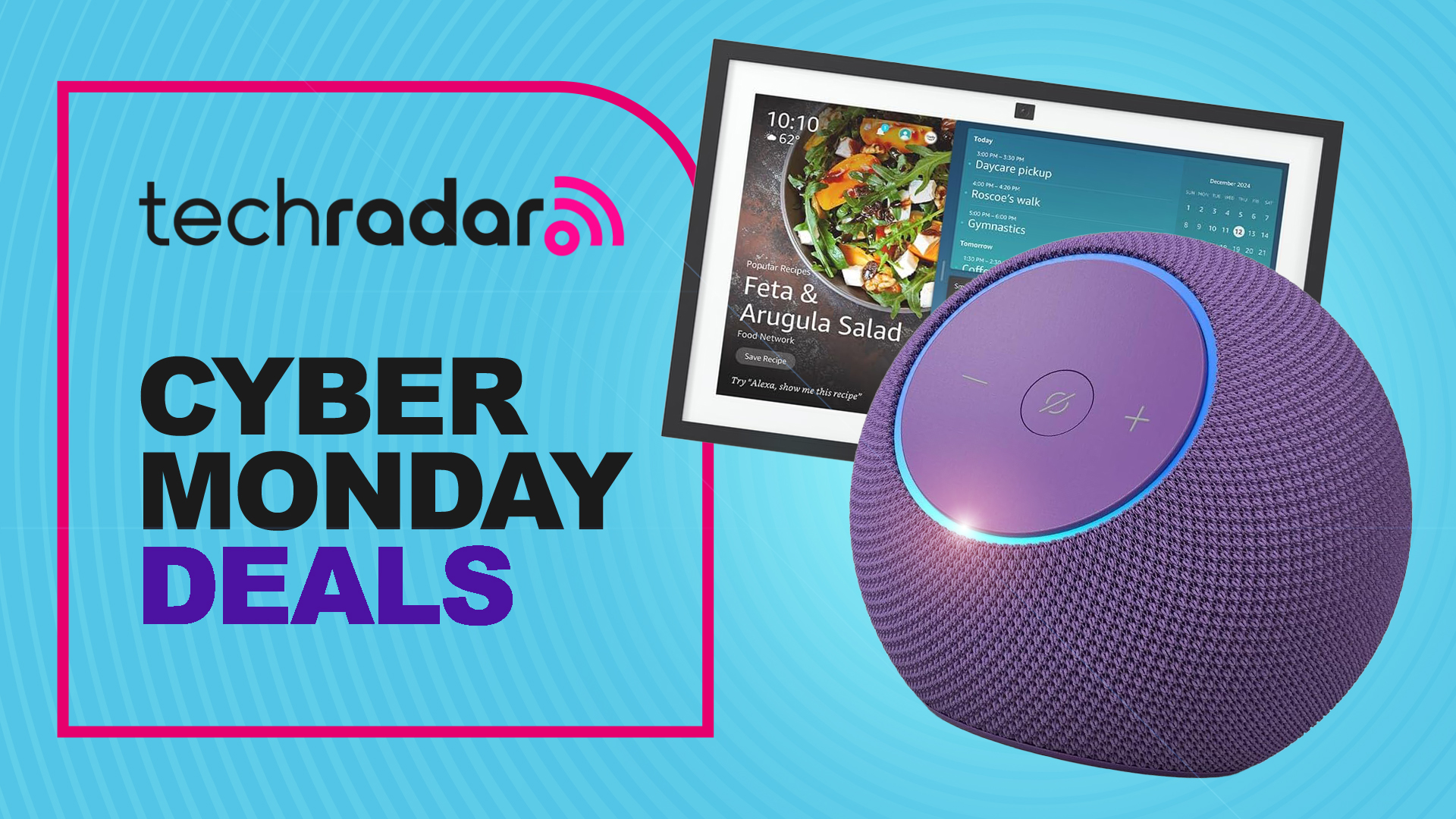 Amazon Echo smart speaker and display on blue background with text &#039;TechRadar Cyber Monday Deals&#039;
