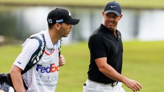 Rory McIlroy and his caddie in the pro-am before the FedEx Cup St. Jude Championship