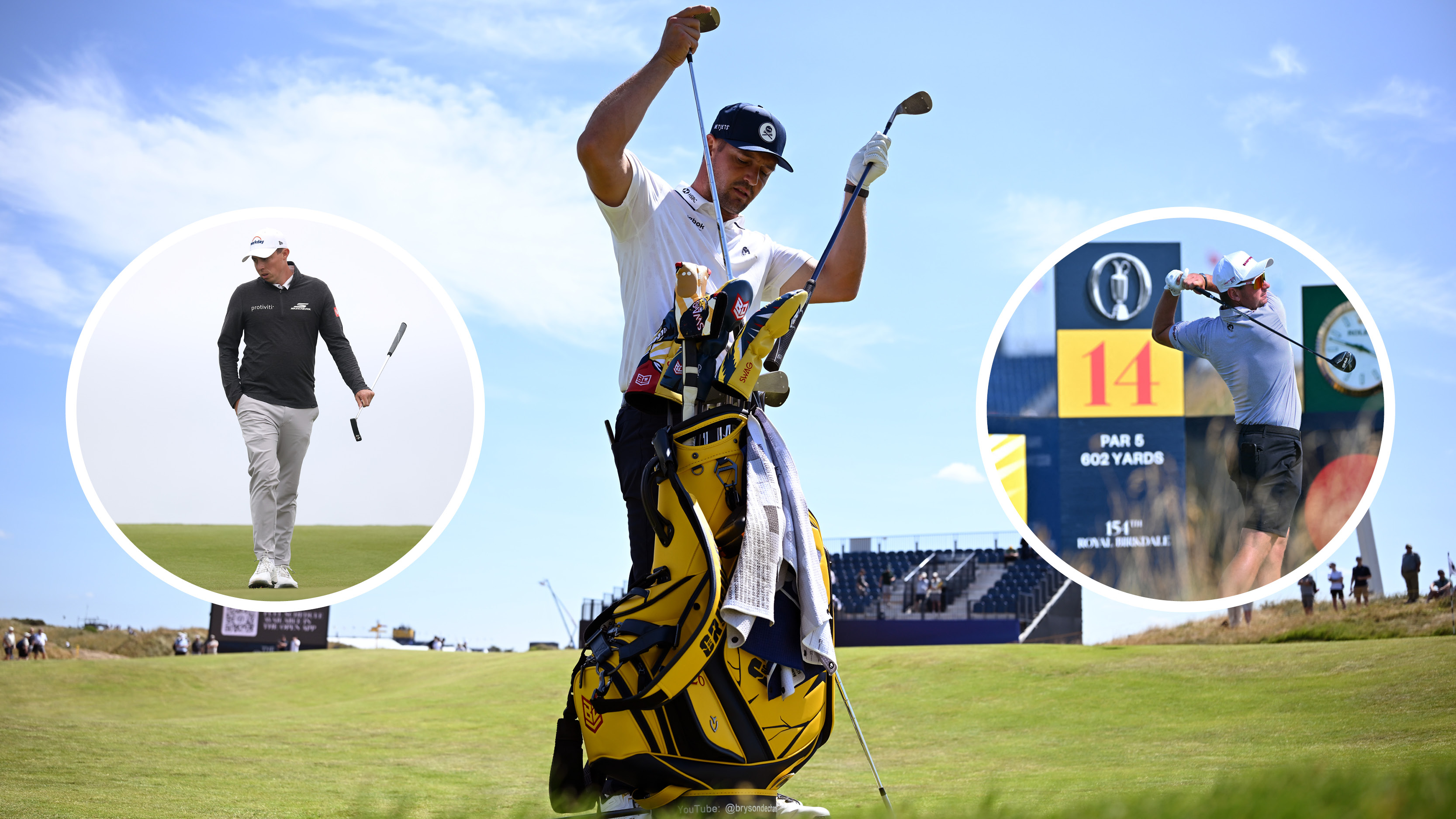 Bryson DeChambeau adjust his clubs, Matt Fitzpatrick walks on a green and Lucas Herbert hits a tee shot