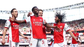 Eddie Nketiah celebrates scoring for Arsenal against Leeds.