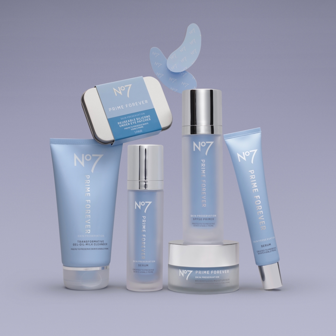 Image of entire line of No7 Prime Forever skincare range