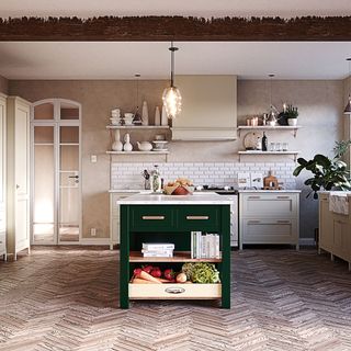 freestanding open plan kitchen with herringbone wooden flooring and green island in centre