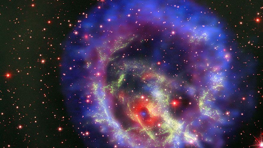 A neutron star at the center of a supernova explosion can be seen in this composite image consisting of X-ray observations from the NASA Chandra observatory, visible-light measurements from the Very Large Telescope and additional data from the Hubble Space Telescope.