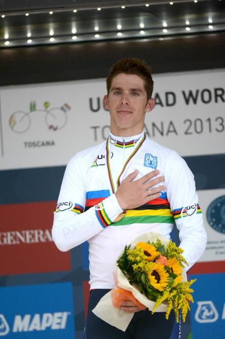 The national anthem is played for newly crowned road race world champion Rui Costa (Portugal)