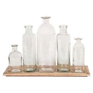 Creative Co-Op Set of 5 Vintage Bottle Vases on Wood Tray