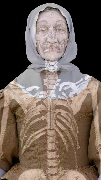 image of an older colonial-era woman with her skeleton superimposed on her dress