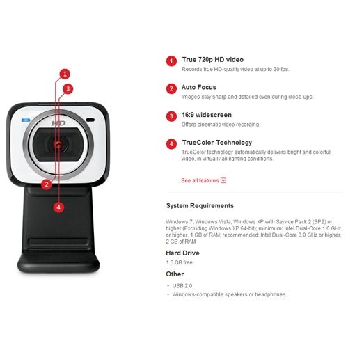 Screenshot image shows the Microsoft LifeCam HD-5001 webcam and some of its features.