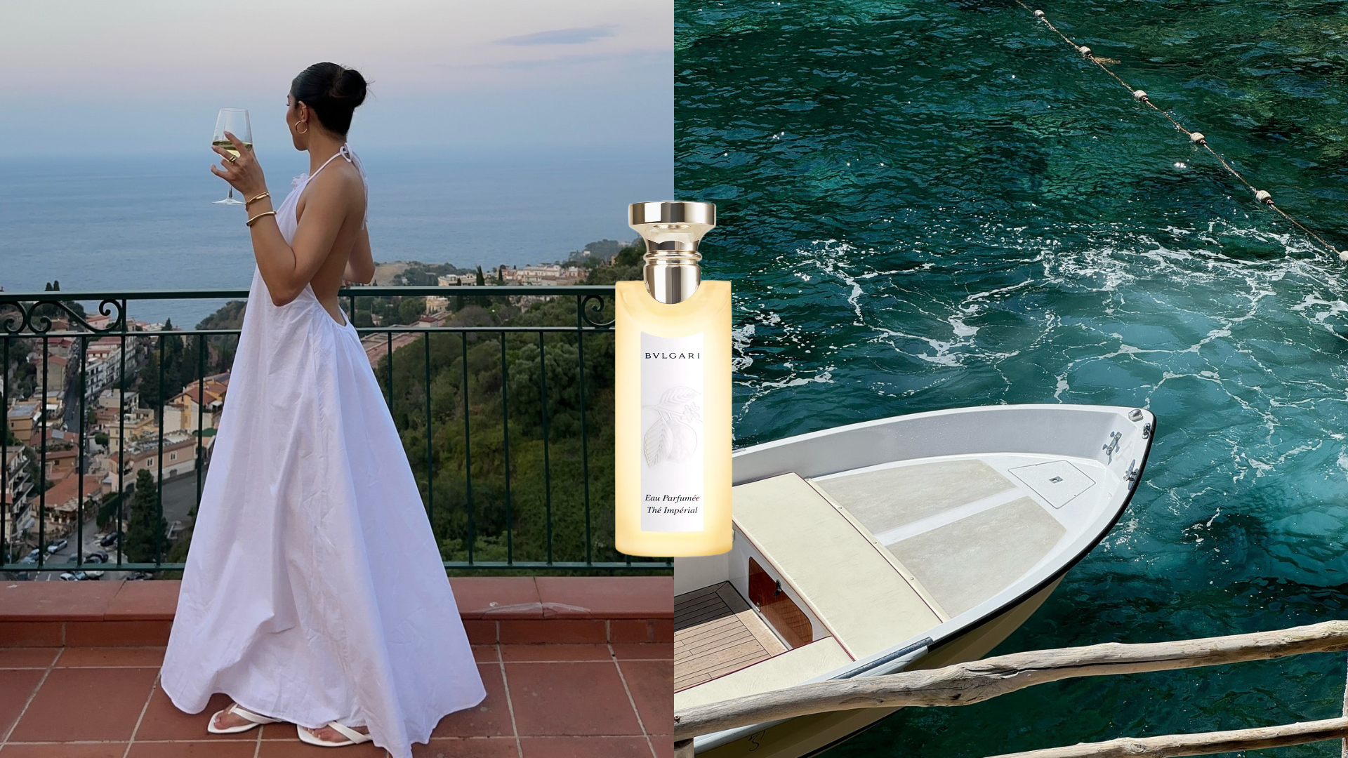 Photo collage of a woman drinking wine looking at the coastline, a boat in the water, and Bulgari's Th&eacute; Imp&eacute;rial fragrance
