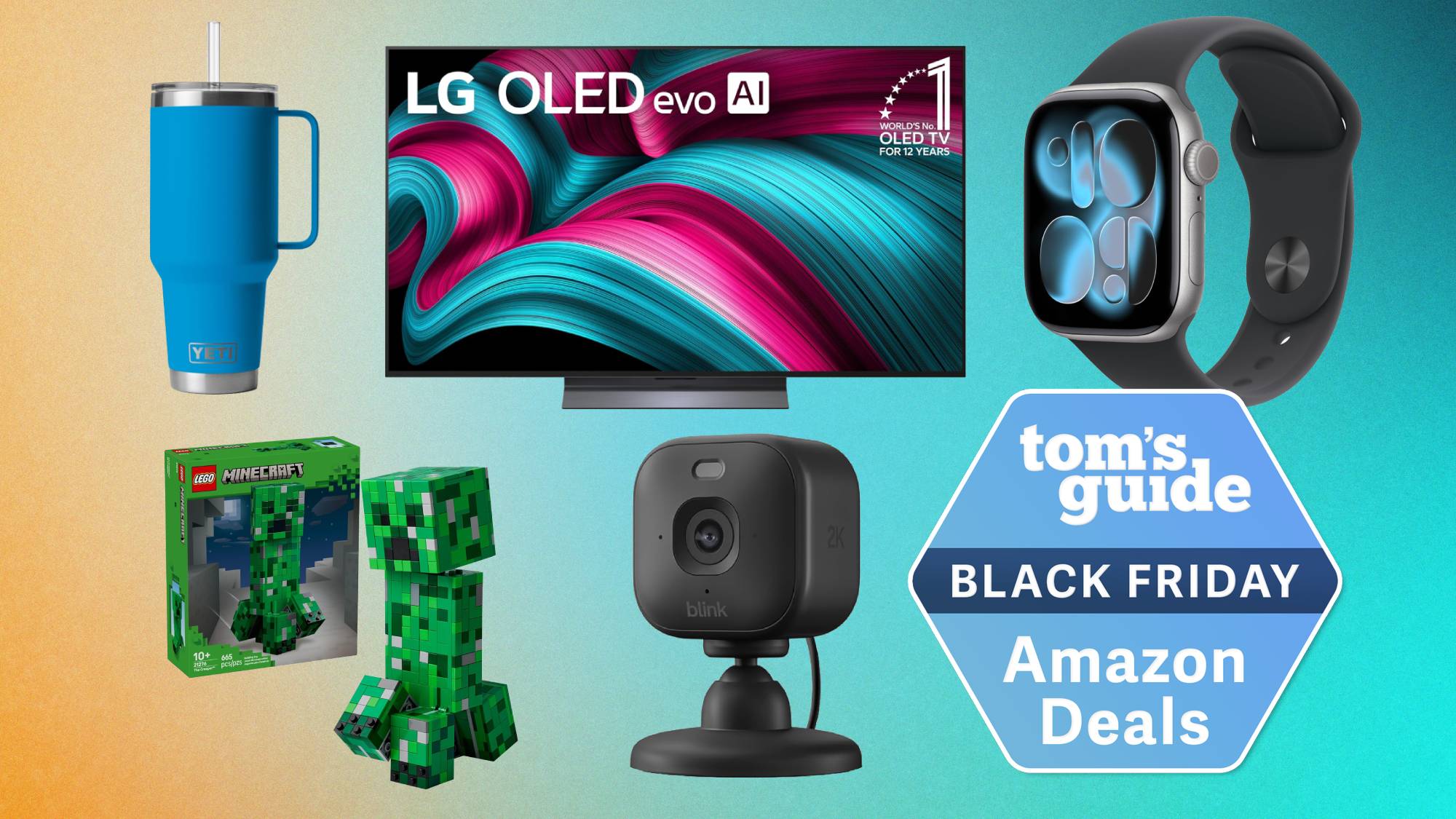 Compilation showing Yeti tumbler, LG TV, Apple Watch, Lego Minecraft building set, Blink security camera