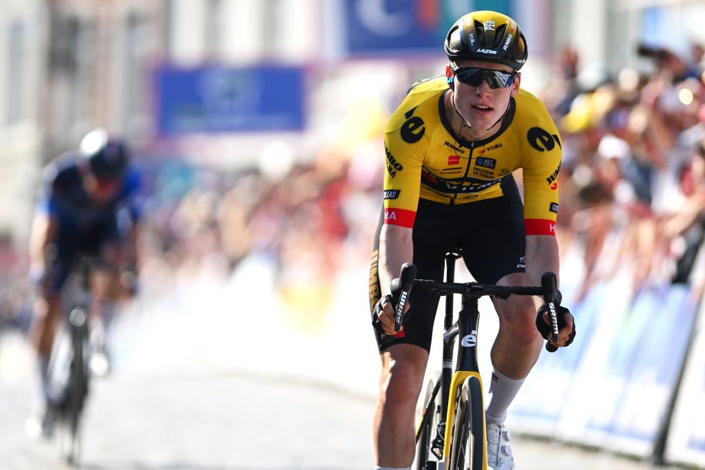 CASSEL FRANCE MAY 20 Per Strand Hagenes of Norway and Team JumboVisma crosses the finish line as stage winner during the 67th 4 Jours de Dunkerque Grand Prix des Hauts de France 2023 Stage 5 a 1877km stage from Roubaix to Cassel 152m on May 20 2023 in Cassel France Photo by Luc ClaessenGetty Images