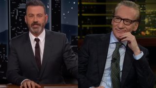 Jimmy Kimmel appears on Jimmy Kimmel Live!, while Bill Maher listens to a point on Real Time.