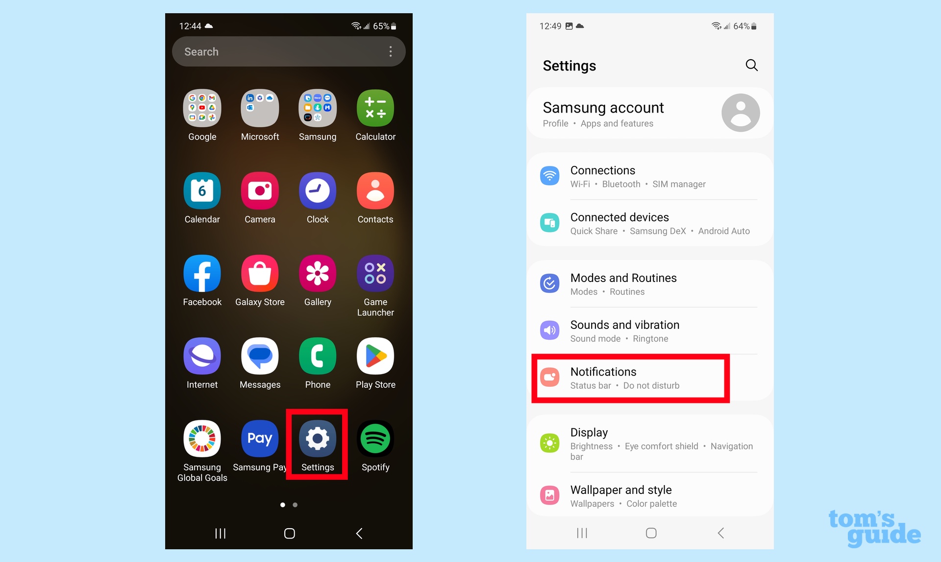 Cómo administrar las notificaciones de la pantalla de bloqueo en Galaxy S23 Toque Configuración y notificaciones