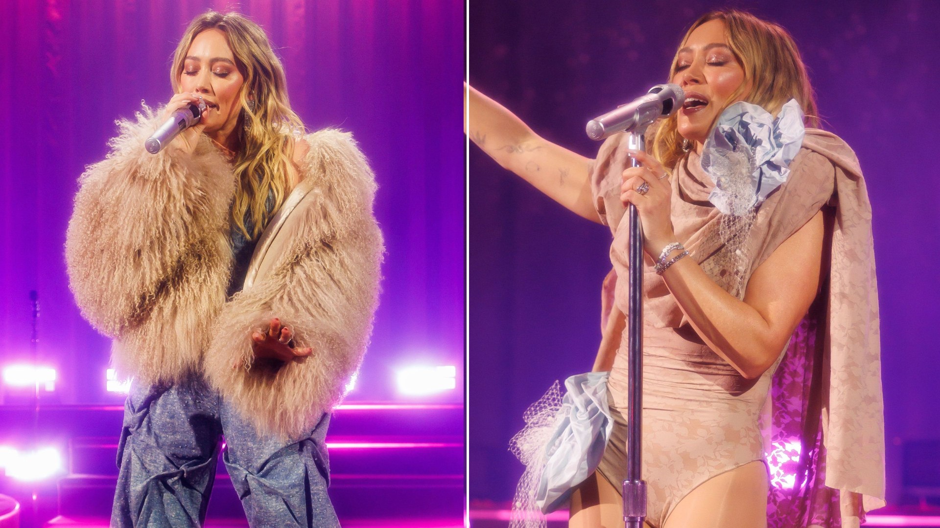 Hilary Duff opened her comeback concert tour in a Y2K nude bodysuit and knee-high go go boots