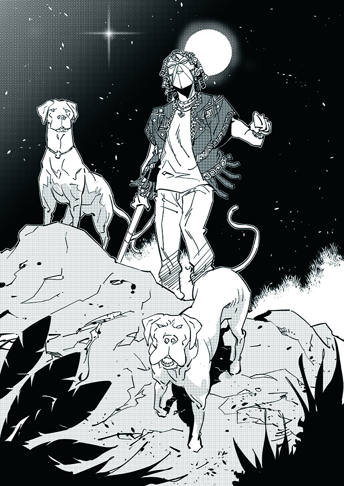 African comics; two dogs and a man at night