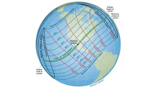 a artists illustration shows a globe with a path of an eclipse labelled across the surface.
