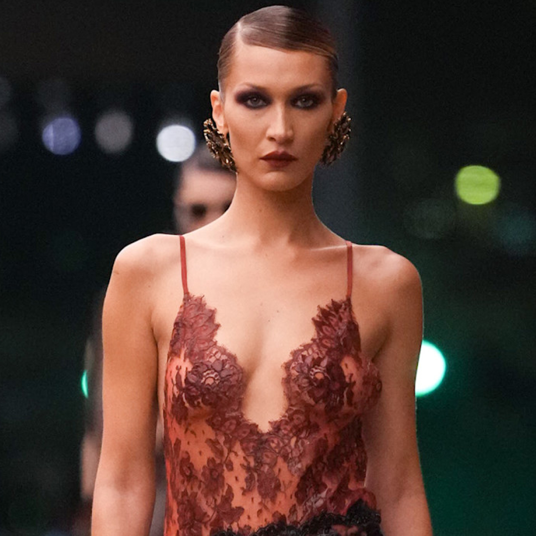 Bella Hadid returned to Saint Laurent's runway in a lingerie-inspired, Fall 2026 lace skirt set 
