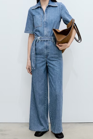 Mango Belted Denim Jumpsuit