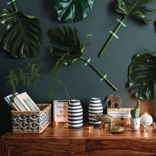 leafs on dark grey wall with basket and show pieces
