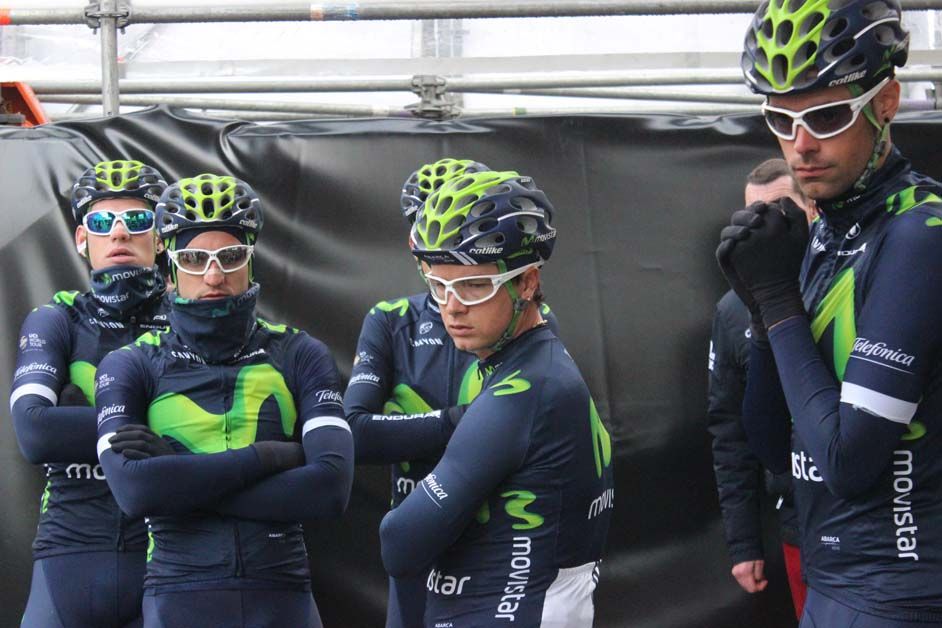 Movistar wrap up warm against the Belgian weather