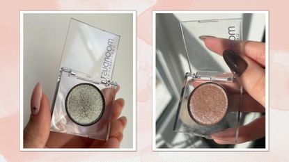 Collage of hands holding Urban Decay's Moondust Eyeshadows, on a pink watercolour background