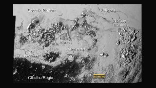 The strange surface of Pluto is clear in this view from New Horizons of the dwarf planet's southern region of Sputnik Planum, where two mountain ranges rise up from icy plains and cratered terrain has been covered by ice. The large infilled crater that is visible is about 30 miles (50 kilometers) wide.