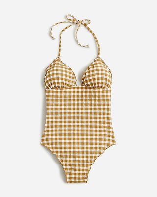 Ruched Plunge One-Piece Swimsuit in Gingham